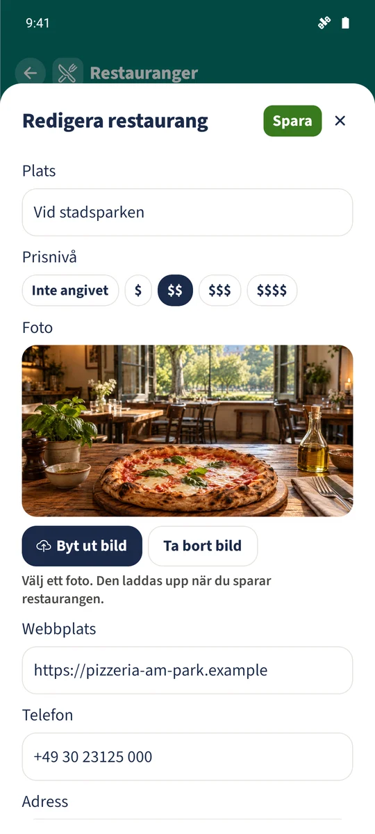 Parkside Pizzerias redigerare innehåller Vid stadsparken och en prisnivå med två symboler.