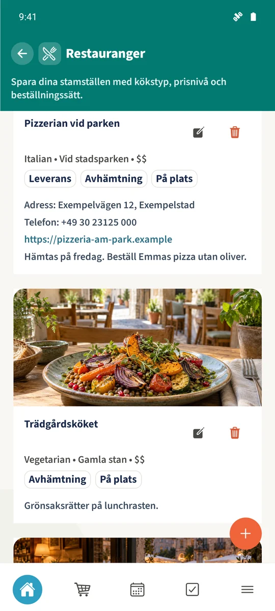 Den gemensamma listan visar de påhittade Parkside Pizzeria och Garden Kitchen med kök, plats, prisnivå och servicealternativ.