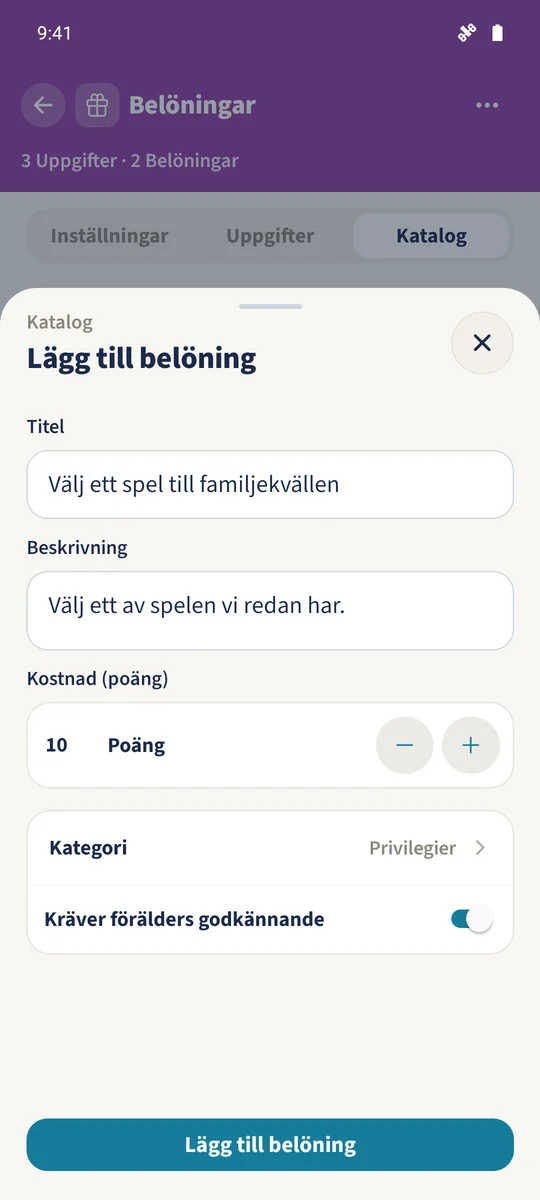 Katalogformuläret erbjuder spelval för tio poäng med föräldragodkännande som krav.