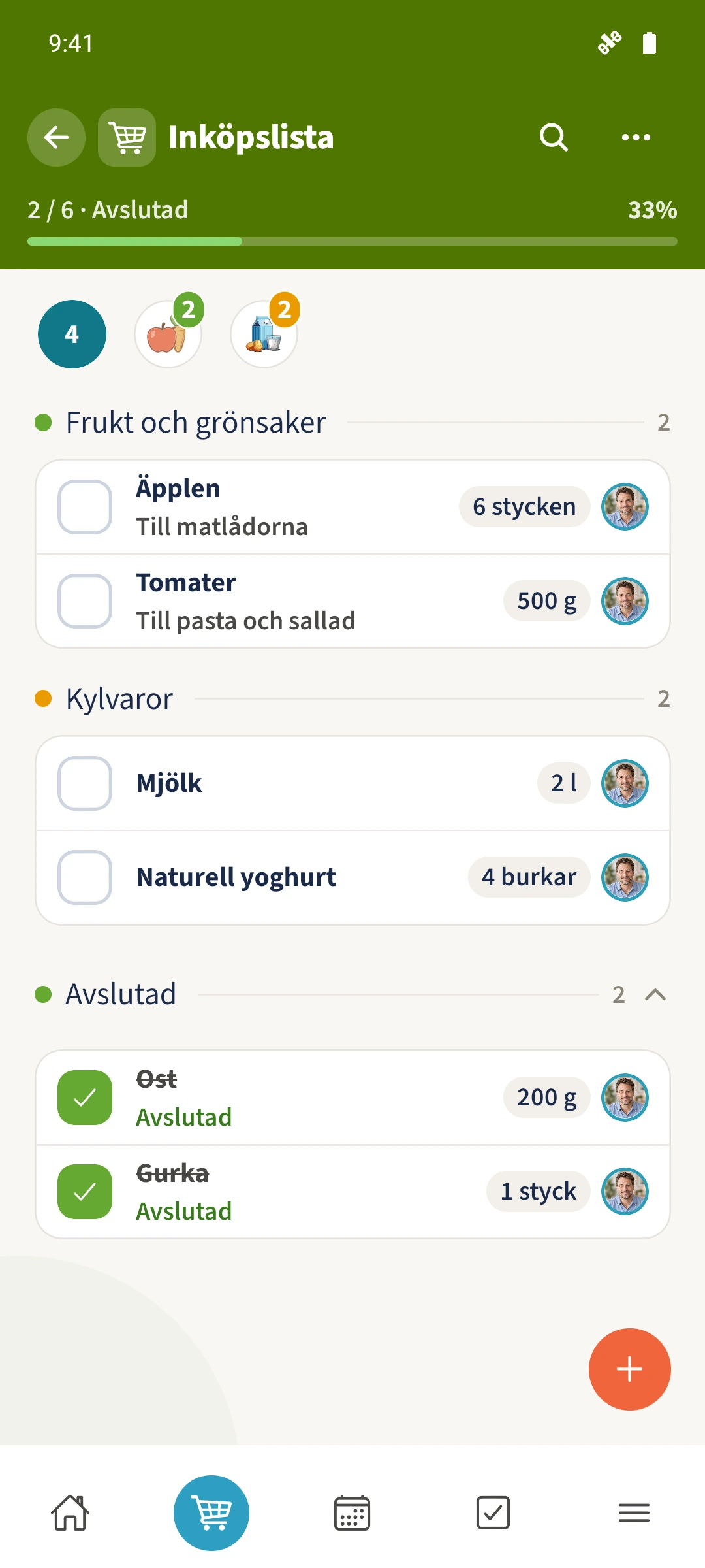 Den gemensamma inköpslistan visar kategorier, mängder, anteckningar och hur långt inköpen har kommit.