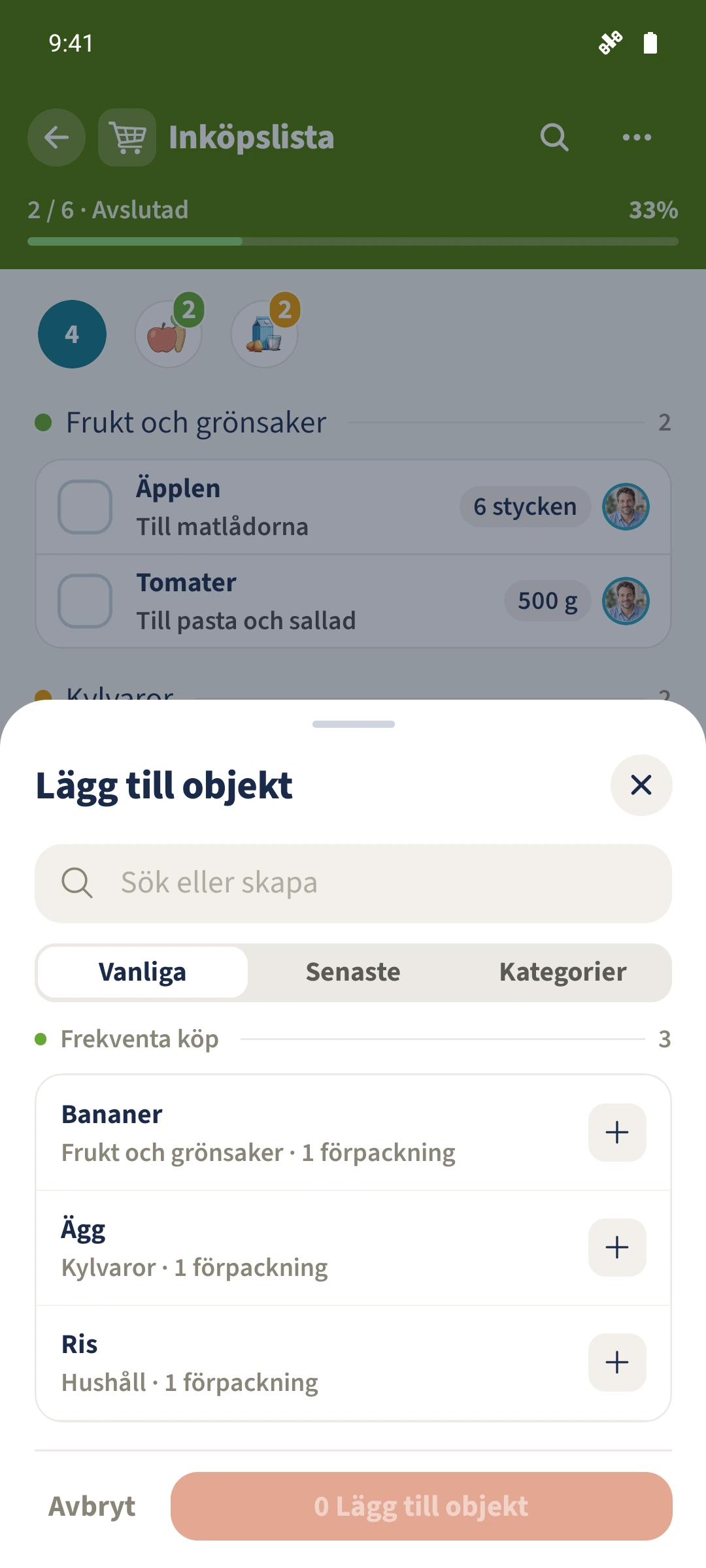 Vyn Vanliga erbjuder tidigare använda varor; antalet valda varor är från början noll.