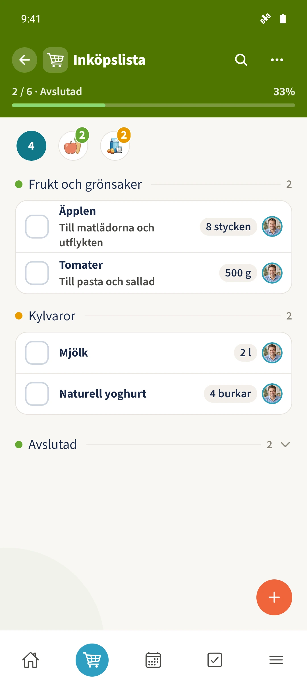 Efter sparandet visar samma inköpslista åtta äpplen och den uppdaterade anteckningen.