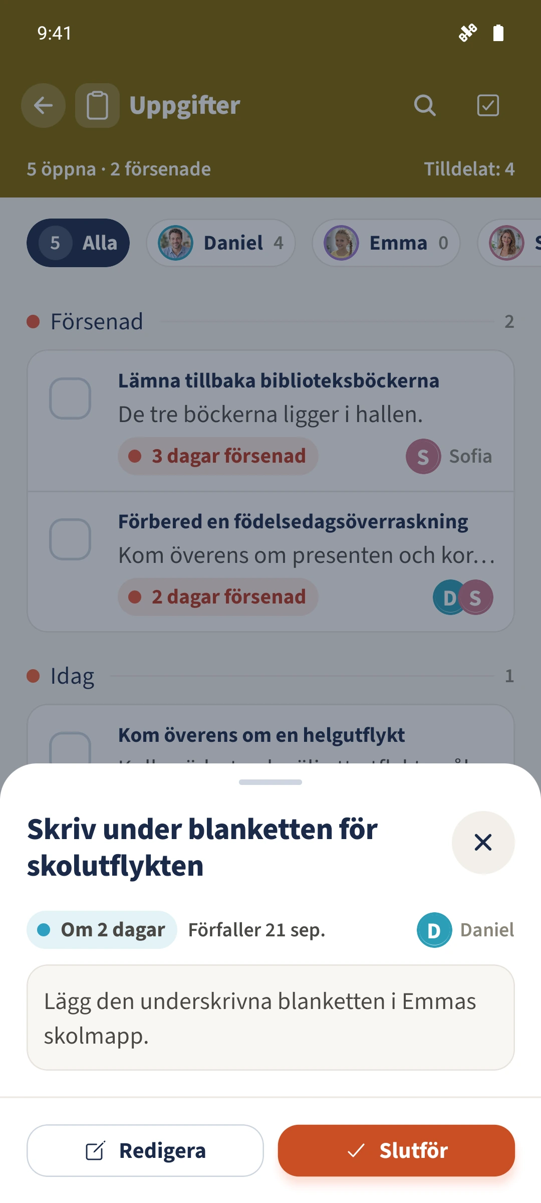 Detaljerna för skolutflyktsblanketten visar Daniel som tilldelad person och aktuellt förfallodatum, 21 september 2026.