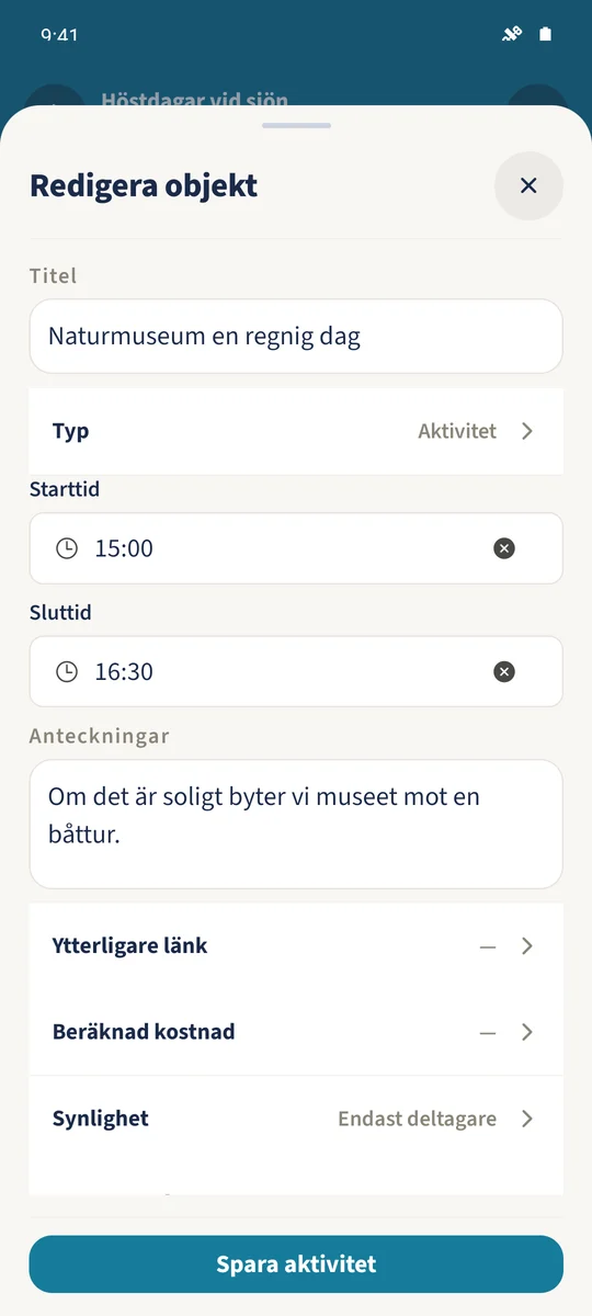Naturmuseum redigeras med start 15:00, slut 16:30 och ett väderalternativ.
