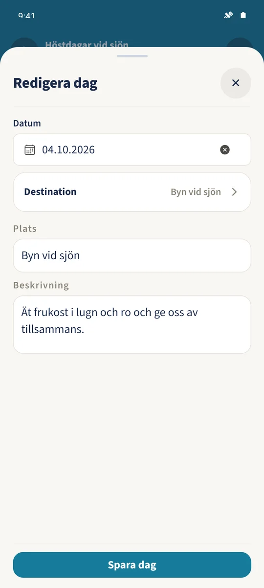 Redigera dag öppnar den befintliga avresedagen 4 oktober igen med plats och beskrivning.