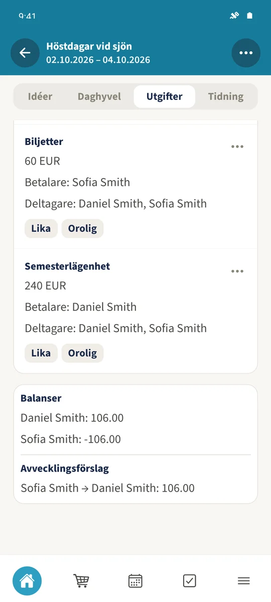 Efter sparandet är den öppna avräkningen 106 EUR från Sofia till Daniel.
