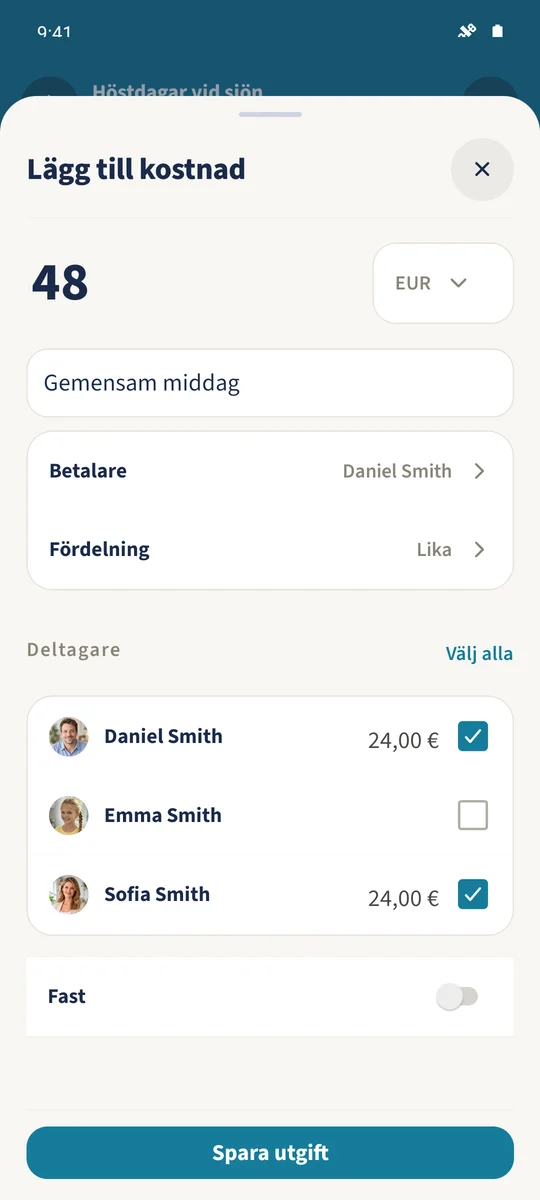 Middagen på 48 EUR delas från början lika mellan Daniel och Sofia.