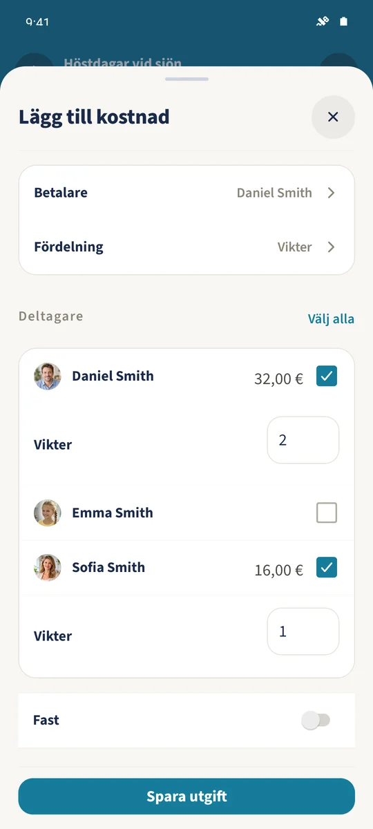 Vikterna 2 och 1 delar middagen i 32 EUR för Daniel och 16 EUR för Sofia.