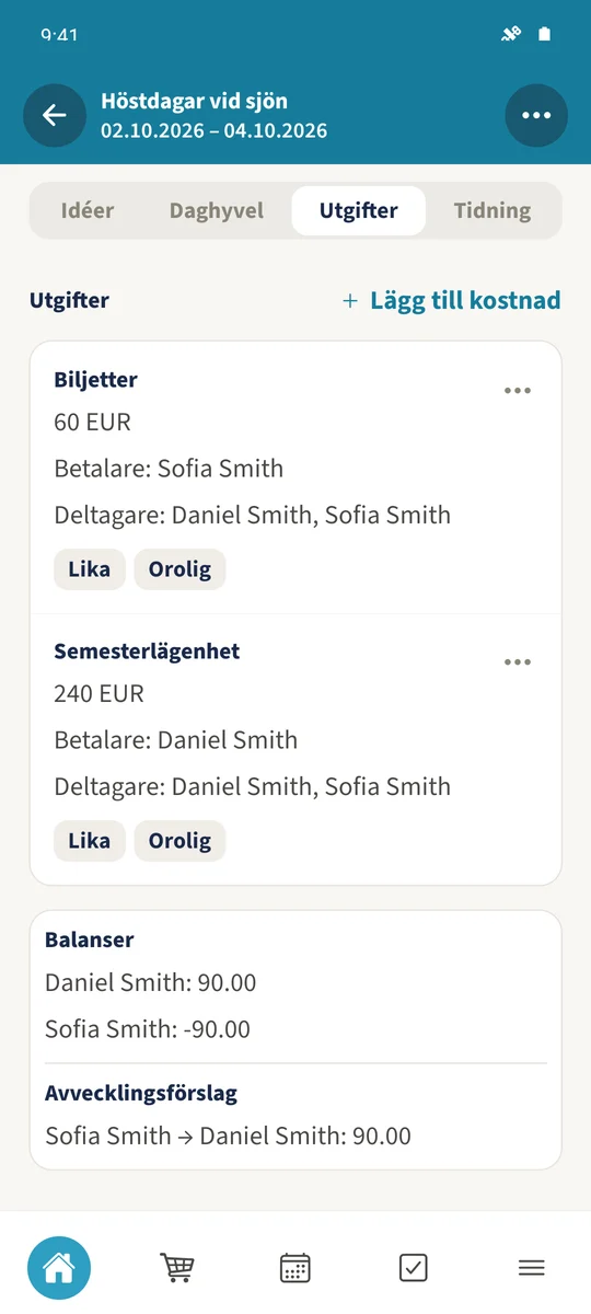 Resan börjar med 60 EUR för biljetter och 240 EUR för semesterlägenheten.