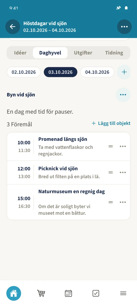 Den sparade planen för 3 oktober visar promenaden, picknicken och naturmuseet i vald ordning.