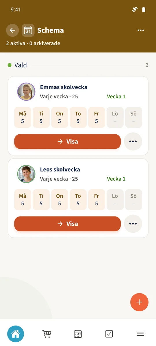 Schemaöversikten visar Emmas skolvecka och Leos skolvecka med tilldelade personer och aktuella lektionsantal.