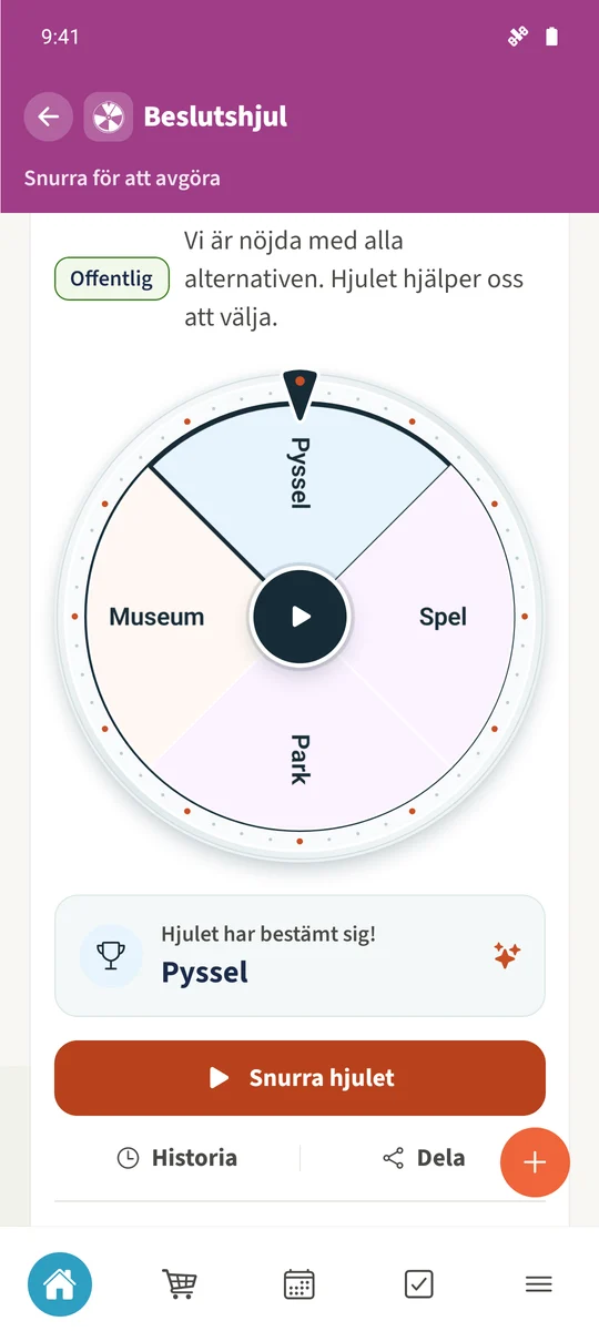 Daniels avslutade snurr visar valt alternativ.