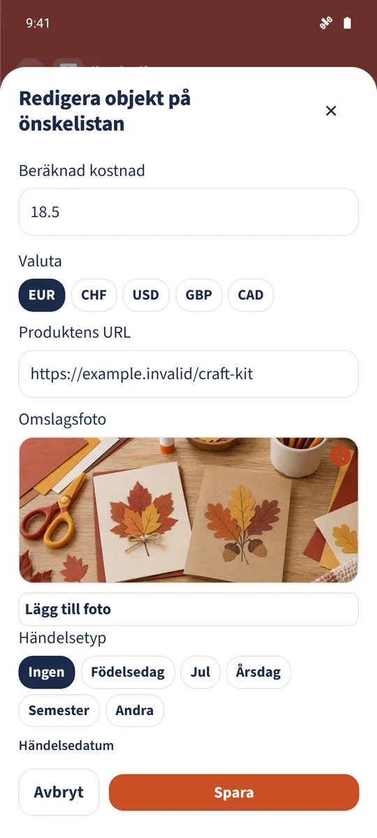 Formuläret innehåller 18,50 EUR, en exempelproduktlänk och vald pysselbild.