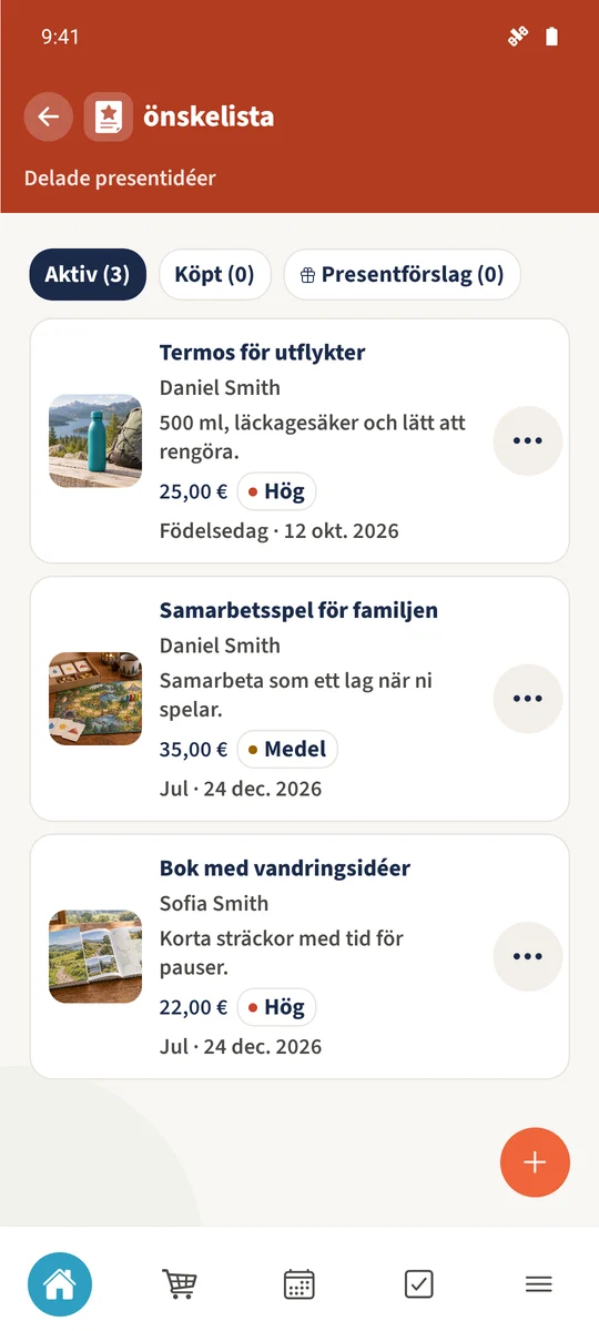 Den gemensamma översikten visar tre aktiva önskemål som tillhör Daniel, med priser, prioriteter och tillfällen.