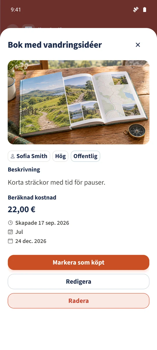 Daniel öppnar Sofias aktiva bokönskemål med Markera som köpt tillgängligt.