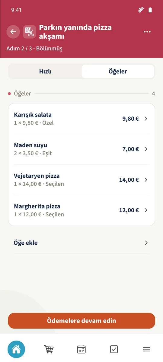Hesap, ayrı kişilere atanmış iki pizza ile katılımcılar arasında paylaşılan Maden suyu ve Karışık salata içerir.