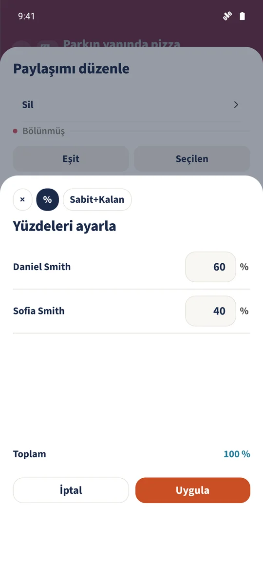 Alternatif yüzde paylaşımı toplam %100 olan 60 ve 40 kullanır.
