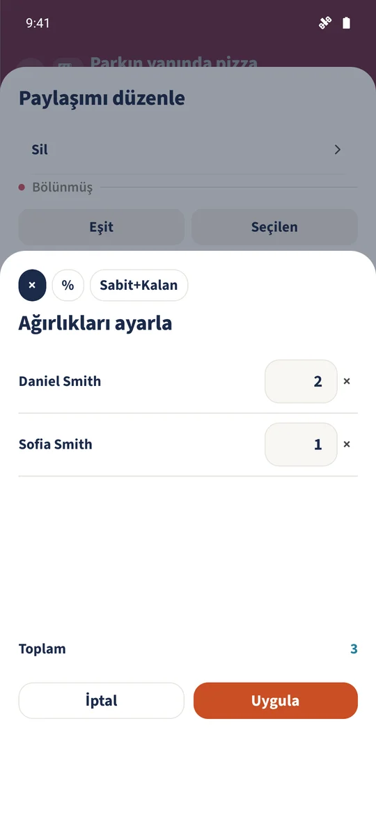 Daniel için 2, Sofia için 1 ağırlığı üç göreli pay oluşturur.