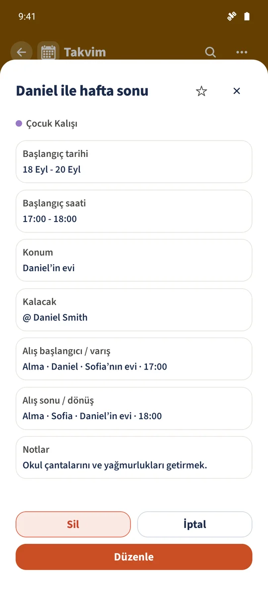 Kaydedilen kalışta her iki teslim ve getirilecek eşyalar gösterilir.