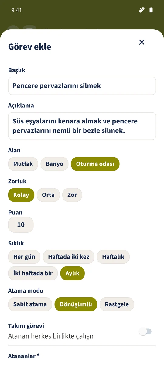 Görev formunda Aylık seçilidir. Atanan kişi sonradan seçilir.