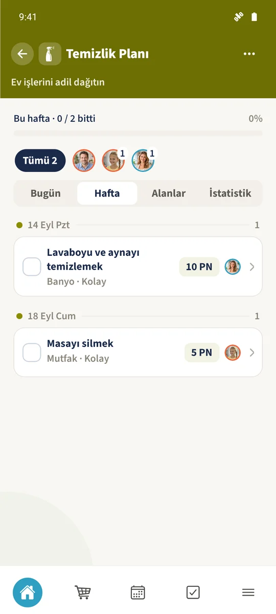 Hafta hazırlanmış pazartesi atamasını ve uygulamada oluşturulan cuma atamasını gösterir.