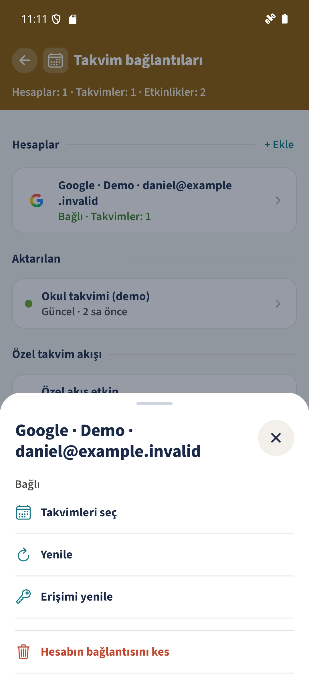 Takvim hesabı: Google — Takvimleri seç, Yenile