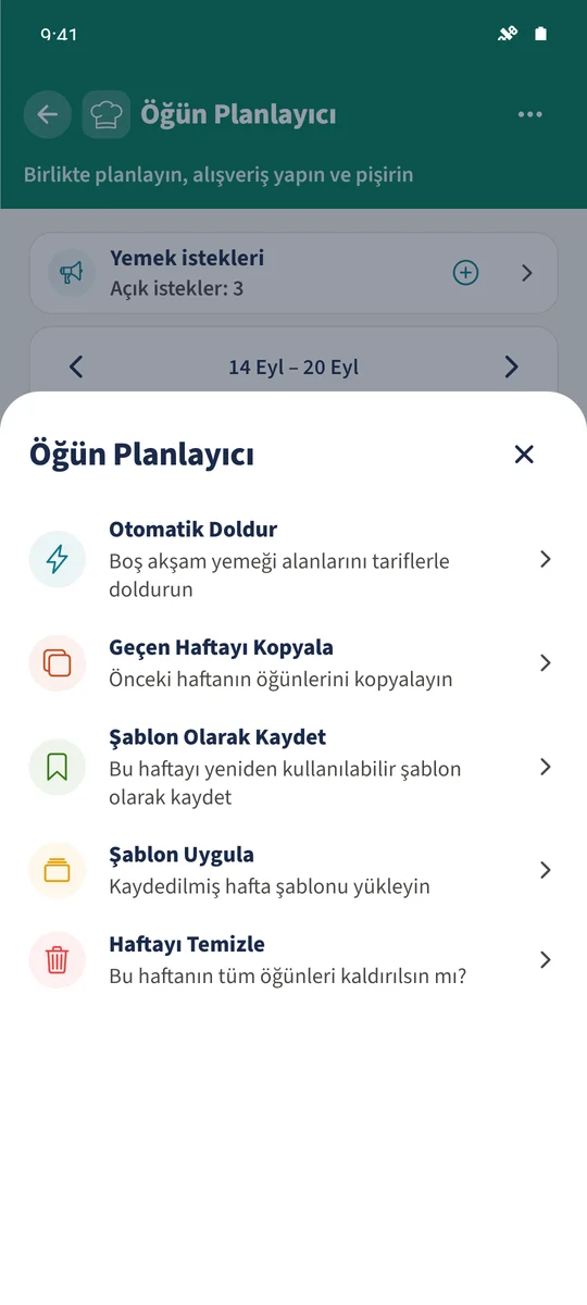 İşlemler; Şablon Olarak Kaydet, Şablon Uygula, Geçen Haftayı Kopyala ve Otomatik Doldur seçeneklerini sunar.
