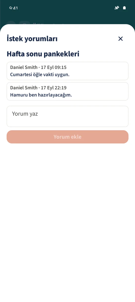 Hafta sonu pankekleri isteğinde Daniel’in «Hamuru ben hazırlayacağım.» yorumu görünür.