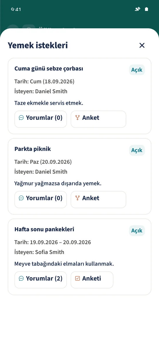 Hafta sonu pankekleri, iki yorumu ve bağlı aile anketi için Anketi aç'ı gösterir.