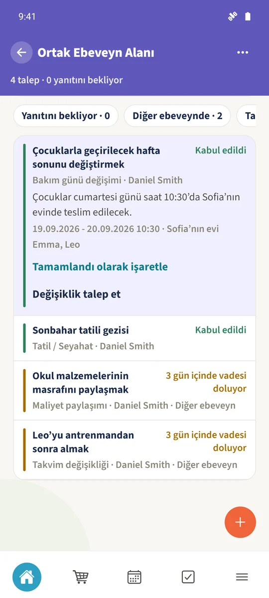 Kabul edilmiş bakım günü değişimi tarihleri, saati, buluşma yerini ve ilgili çocukları gösterir.
