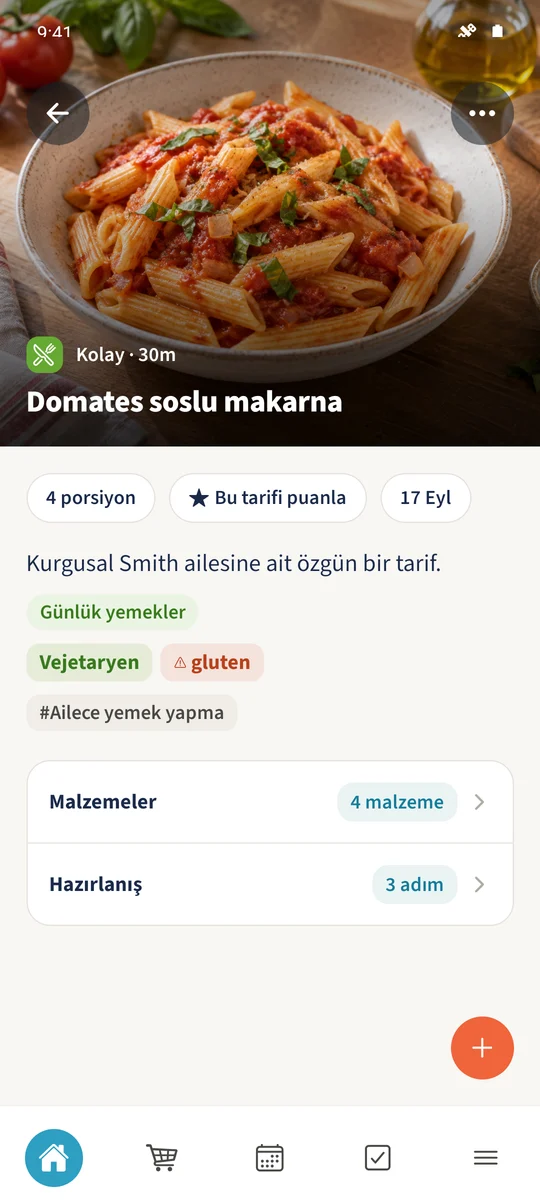 Tarif ayrıntılarında porsiyon, kategori ve kayıtlı beslenme bilgileri gösterilir; malzemeler ve hazırlanış genişletilebilir.