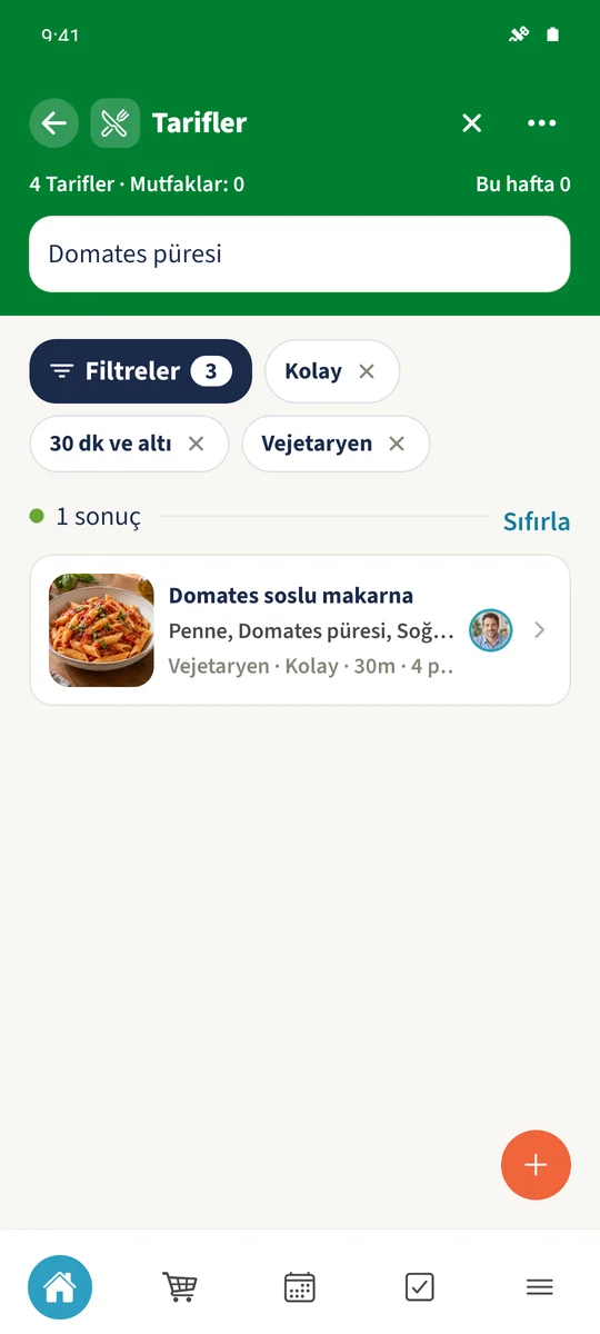 Filtreler uygulandıktan sonra kalan tarif Domates soslu makarna'dır.