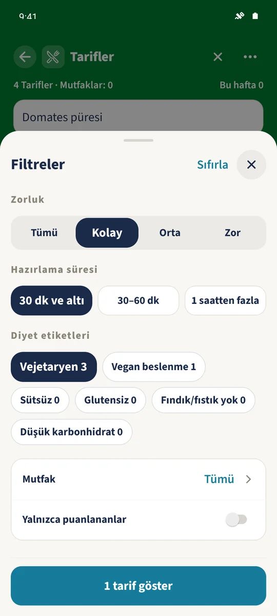 Domates araması Kolay, 30 dk ve altı ve Vejetaryen ile birleştirilince tek tarif kalır.