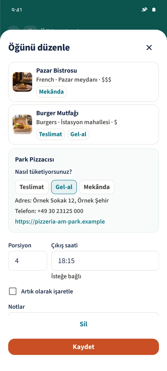 Yeniden açılan öğün formunda Parkside Pizzeria, Gel-al, dört porsiyon ve kayıtlı 18:15 çıkış saati gösterilir.
