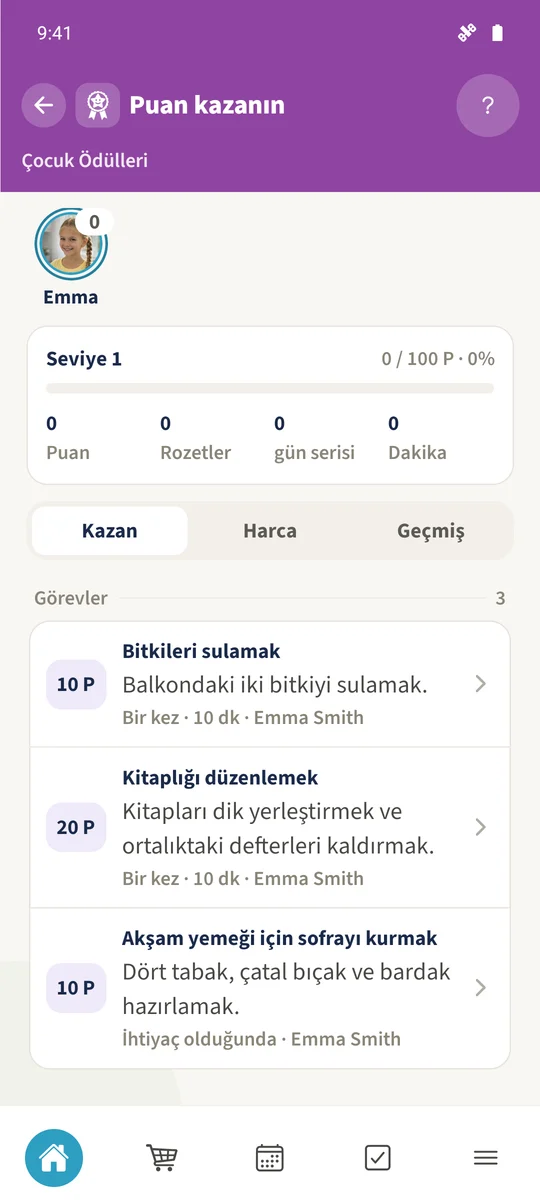 Emma'nın çocuk görünümü, bağlı temizlik görevi dahil atanmış ödül görevlerini kararlaştırılan puanlarla gösterir.