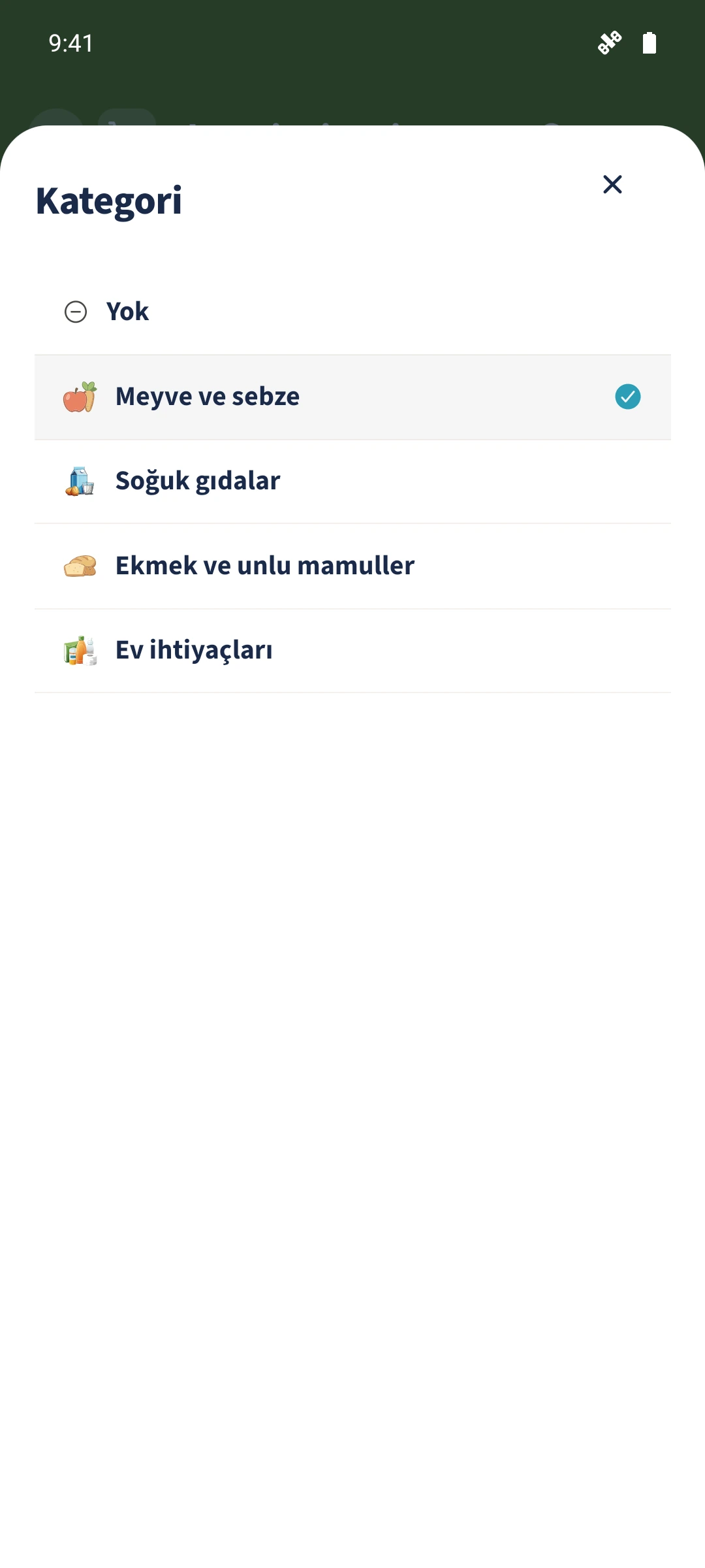 Kategori seçicide Meyve ve sebze seçilidir.