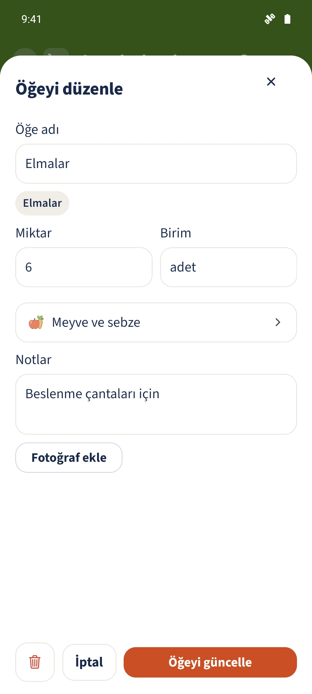 Ürün düzenleyicisinde kategori; miktar, birim ve notlarla birlikte gösterilir.