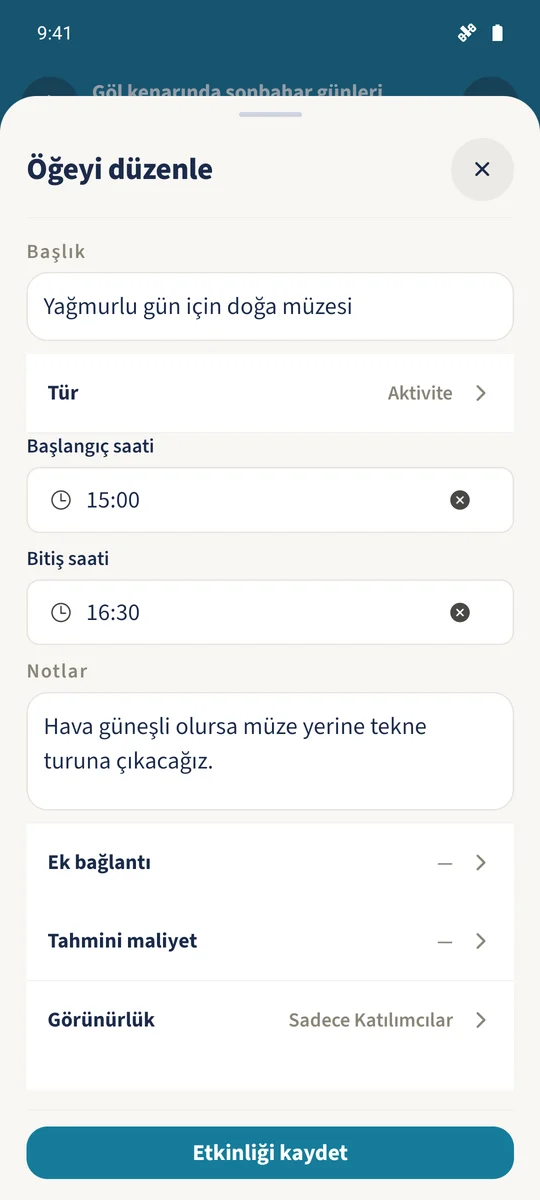 Doğa müzesi 15:00 başlangıç, 16:30 bitiş ve hava durumu alternatifiyle düzenlenir.
