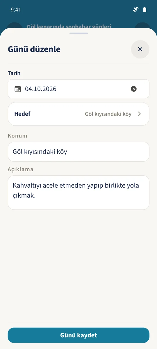 Günü düzenle, mevcut 4 Ekim dönüş gününü konumu ve açıklamasıyla yeniden açar.