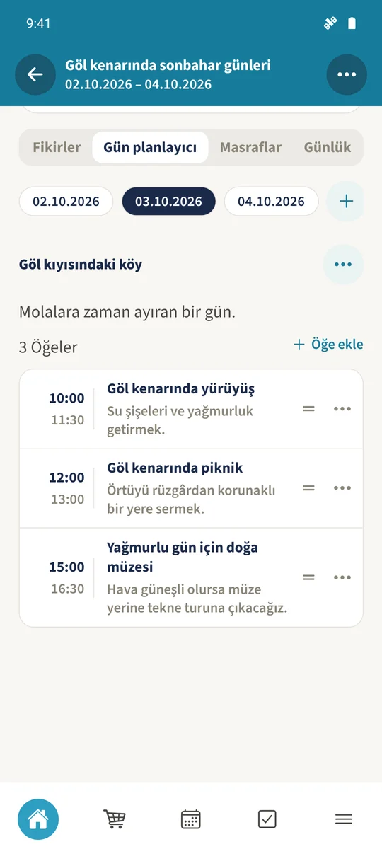 Kaydedilen 3 Ekim planı yürüyüş, piknik ve doğa müzesini seçilen sırada gösterir.