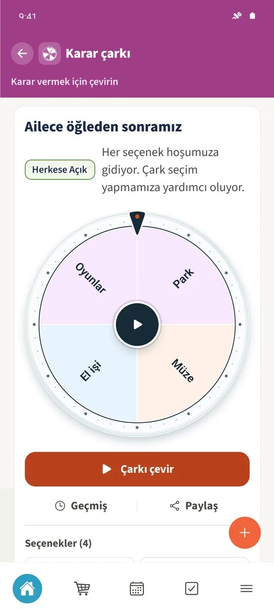Kayıtlı aile çarkının dört seçeneği vardır ve çevrilmeye hazırdır.