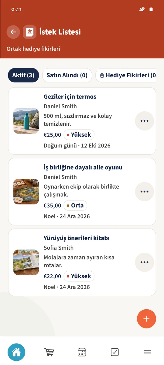 Ortak genel görünüm, Daniel'e ait üç aktif dileği fiyat, öncelik ve özel günleriyle gösterir.